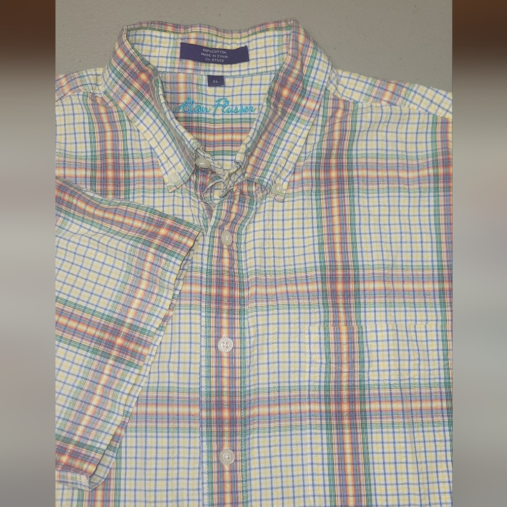 Alan Flusser Mens XL Short Sleeve Button Down Shirt Plaid Cotton Multi-Color